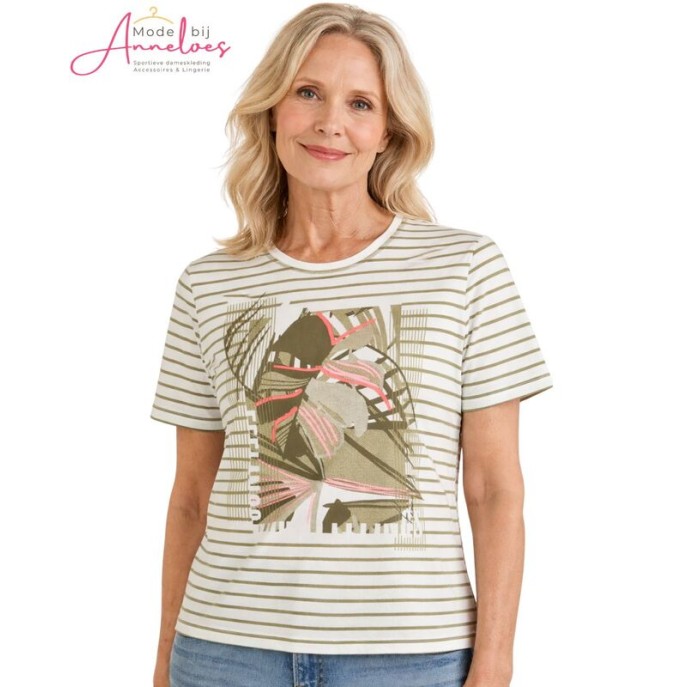 Barbara Lebek shirt 6204 streep opdruk Kaki ecru